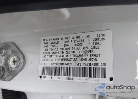 2008 Honda Accord 3.5 Ex-L z USA, uszkodzony, nr VIN 1HGCP36868A067863